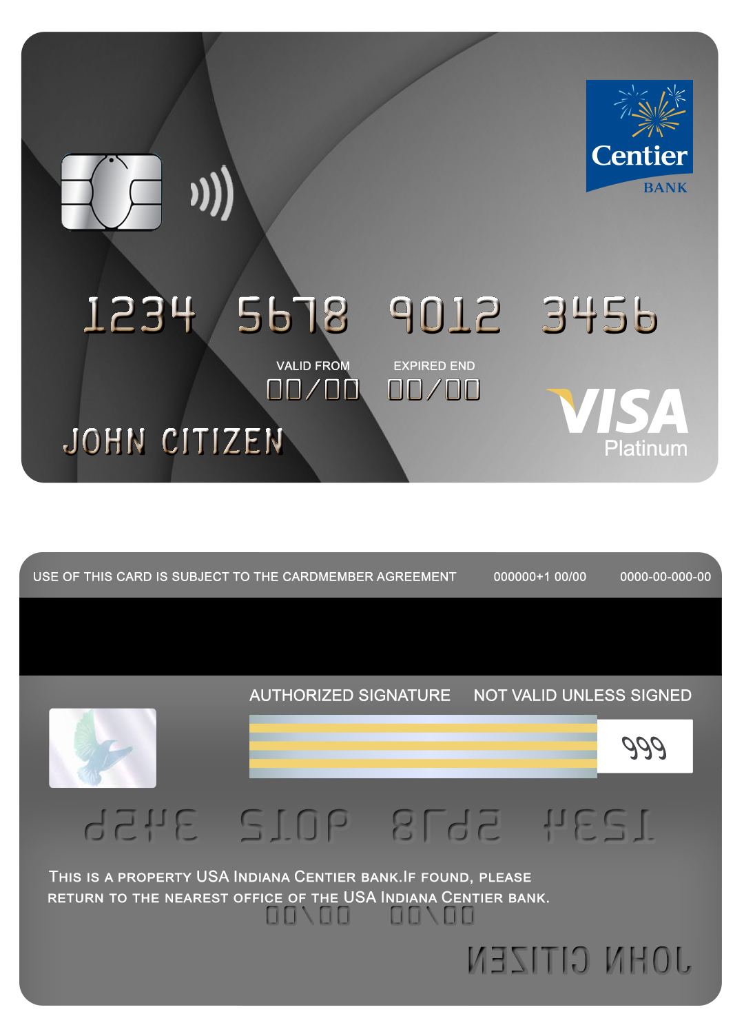 Editable USA Indiana Centier bank visa platinum card Templates in PSD Format
