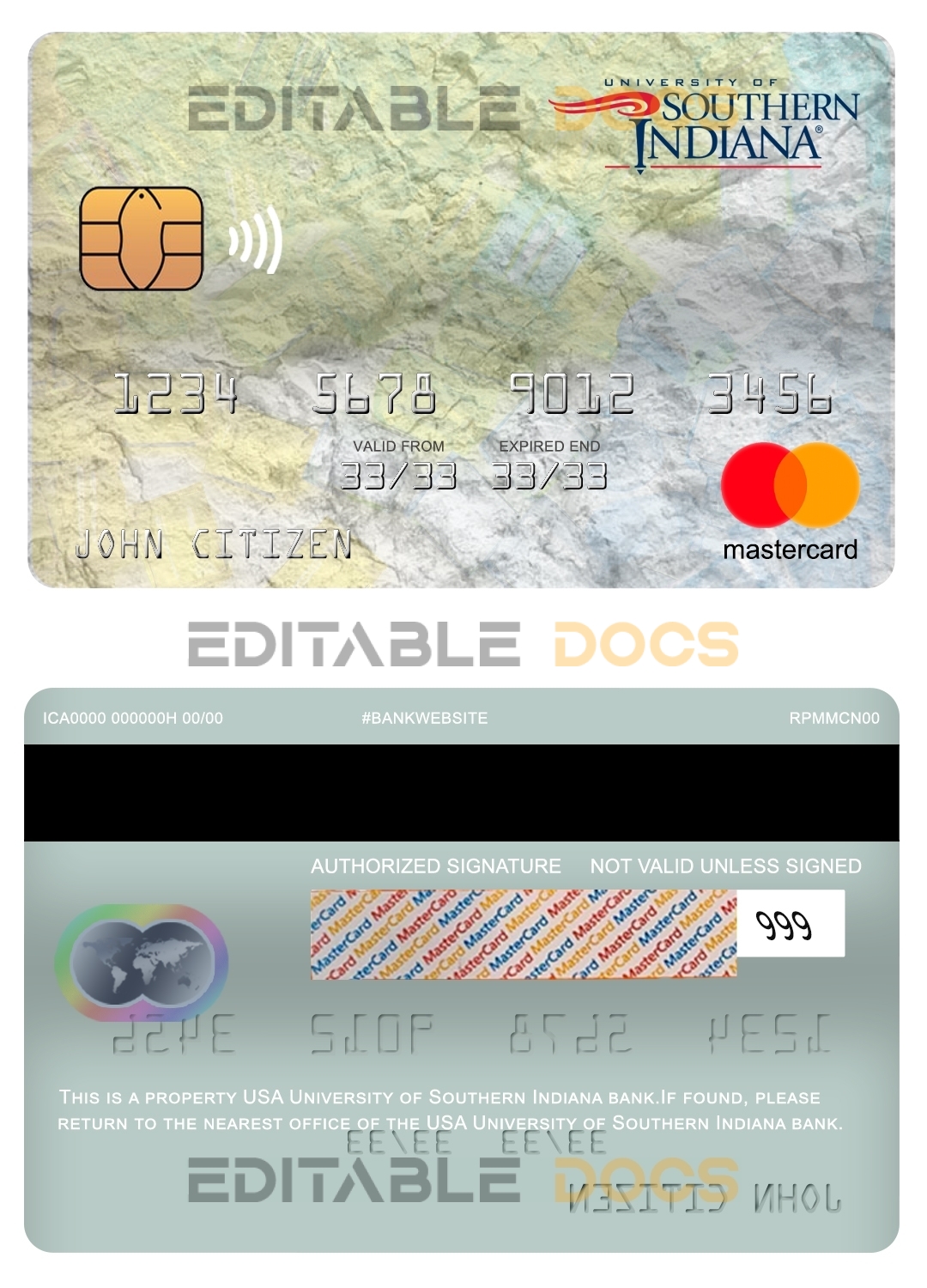Editable USA University of Southern Indiana bank mastercard Templates in PSD Format