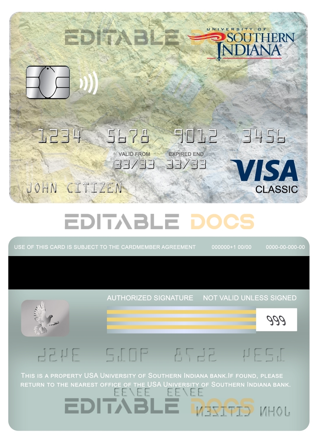 Fillable USA University of Southern Indiana bank visa classic card Templates | Layer-Based PSD