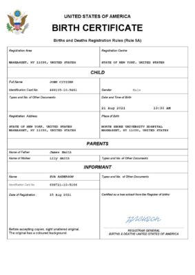 USA birth certificate Word and PDF template, completely editable
