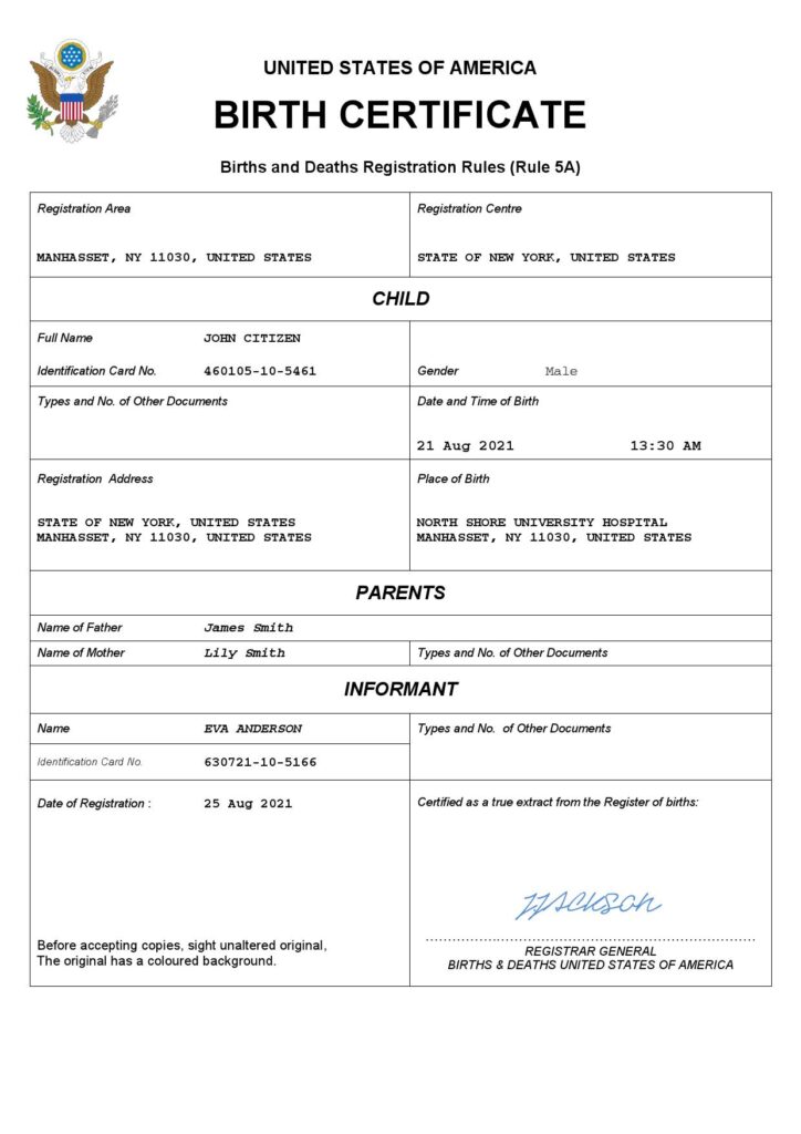 USA birth certificate Word and PDF template, completely editable