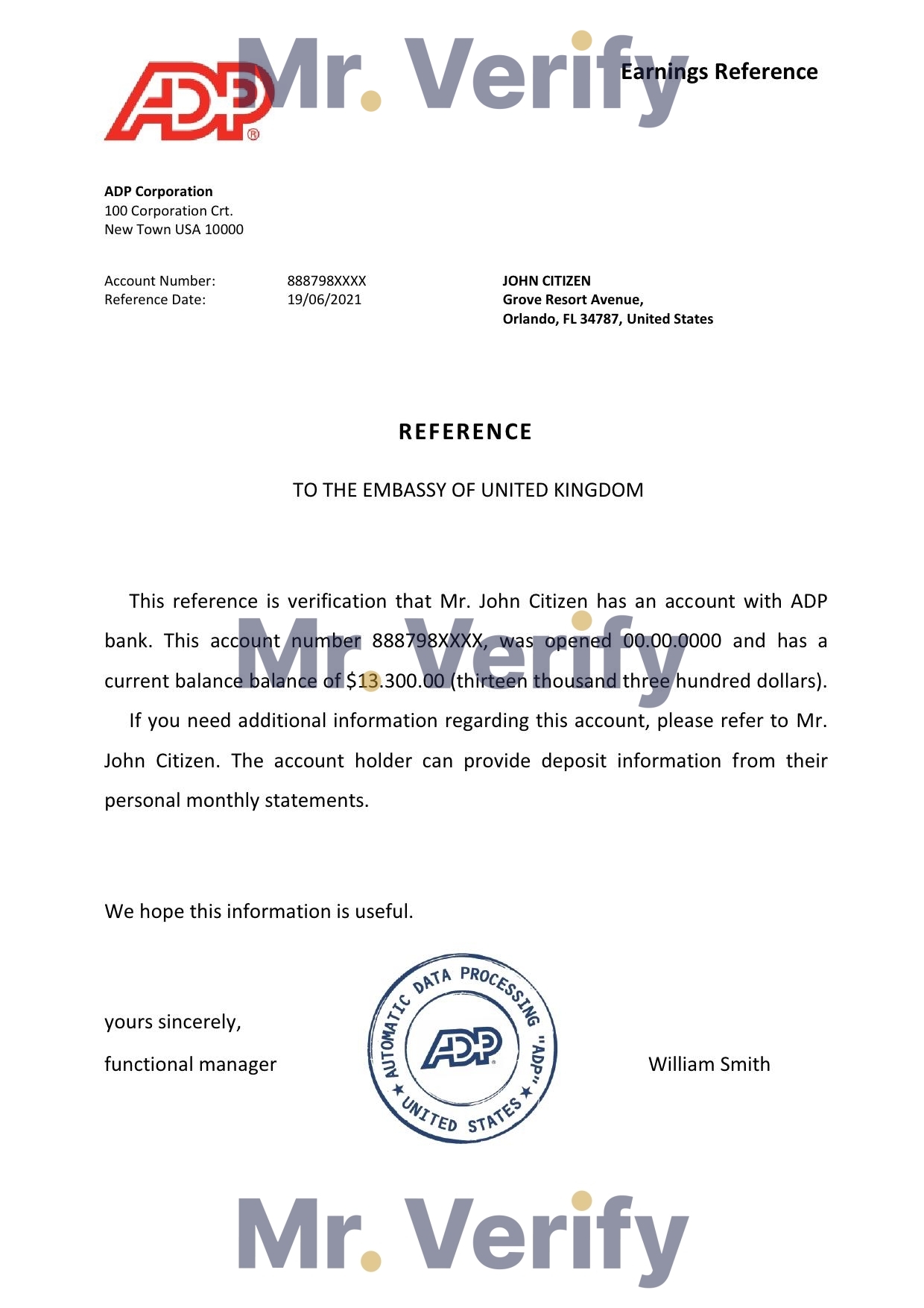 Download USA ADP Bank Reference Letter Templates | Editable Word