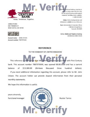 Download USA First Century Bank Reference Letter Templates | Editable Word