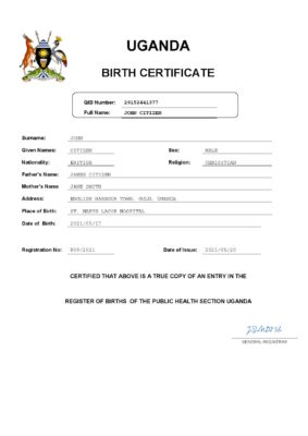 Uganda birth certificate Word and PDF template, completely editable