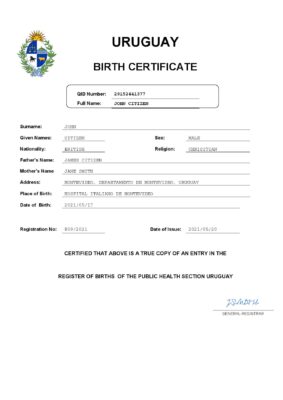 Uruguay vital record birth certificate Word and PDF template, completely editable