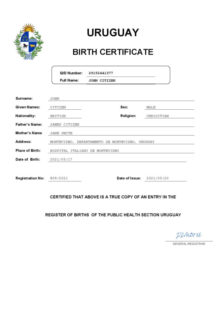 Uruguay vital record birth certificate Word and PDF template, completely editable