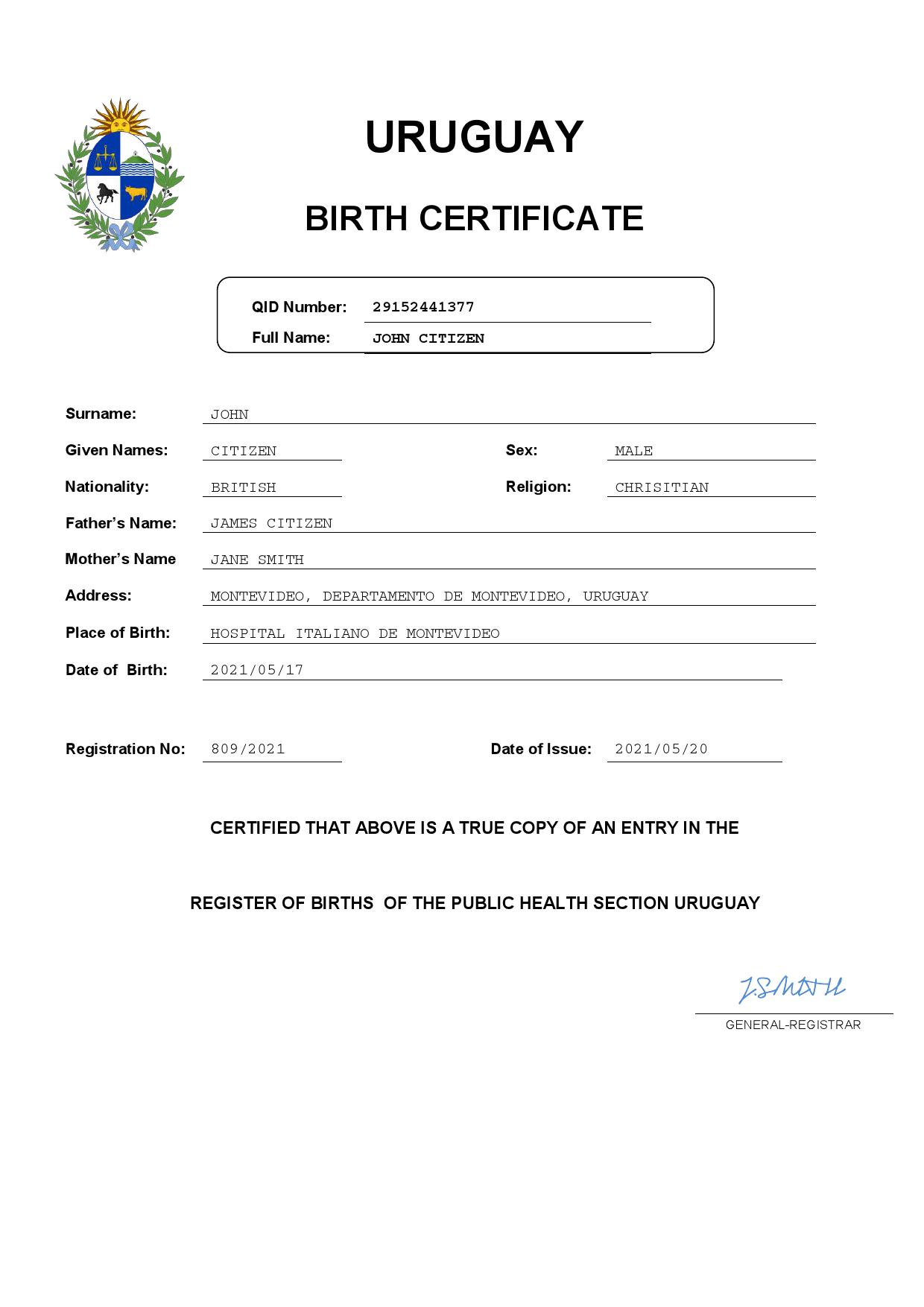 Authentic Uruguay Birth Certificate Template | Customize and Download Online