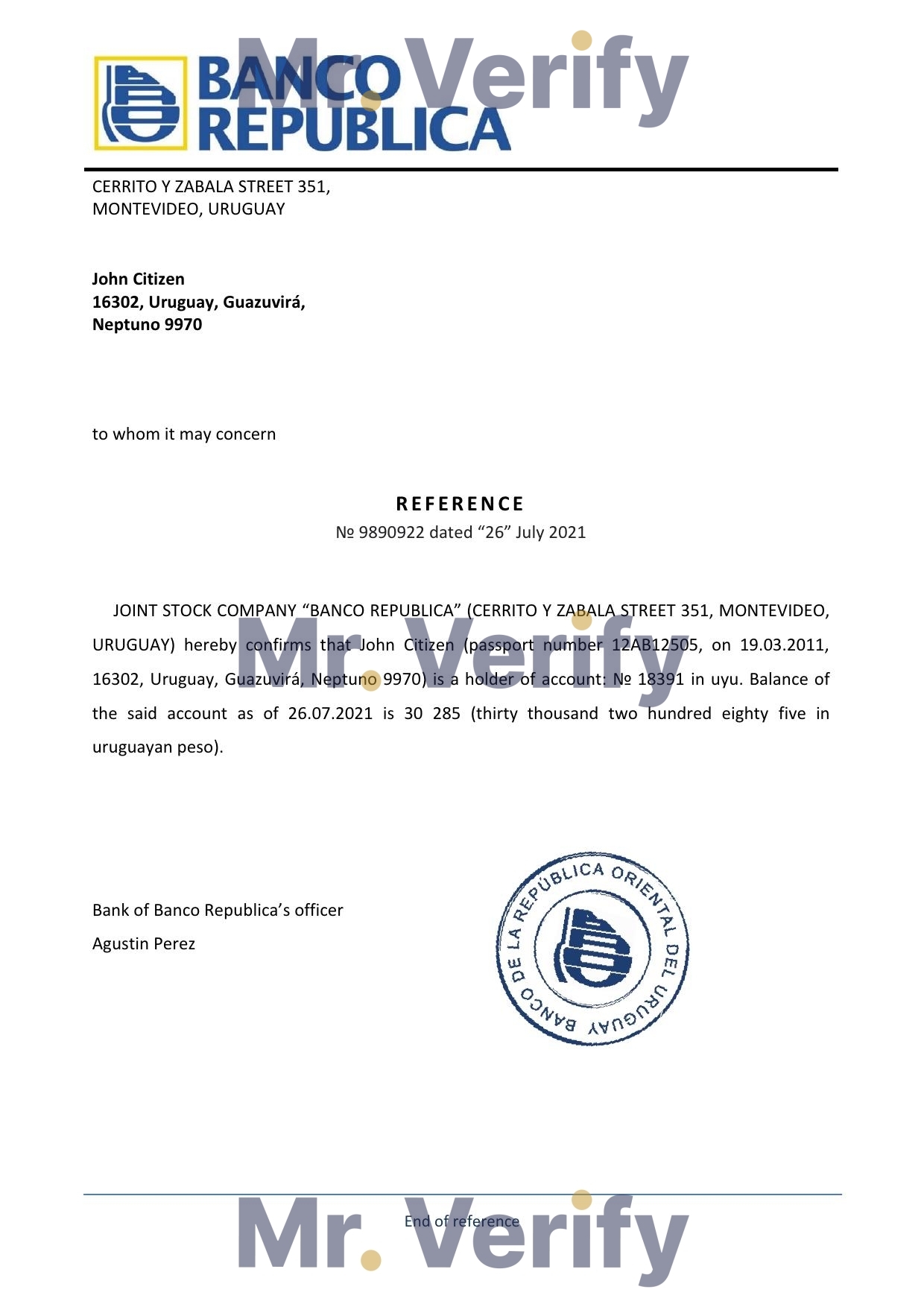 Download Uruguay Banco República Bank Reference Letter Templates | Editable Word