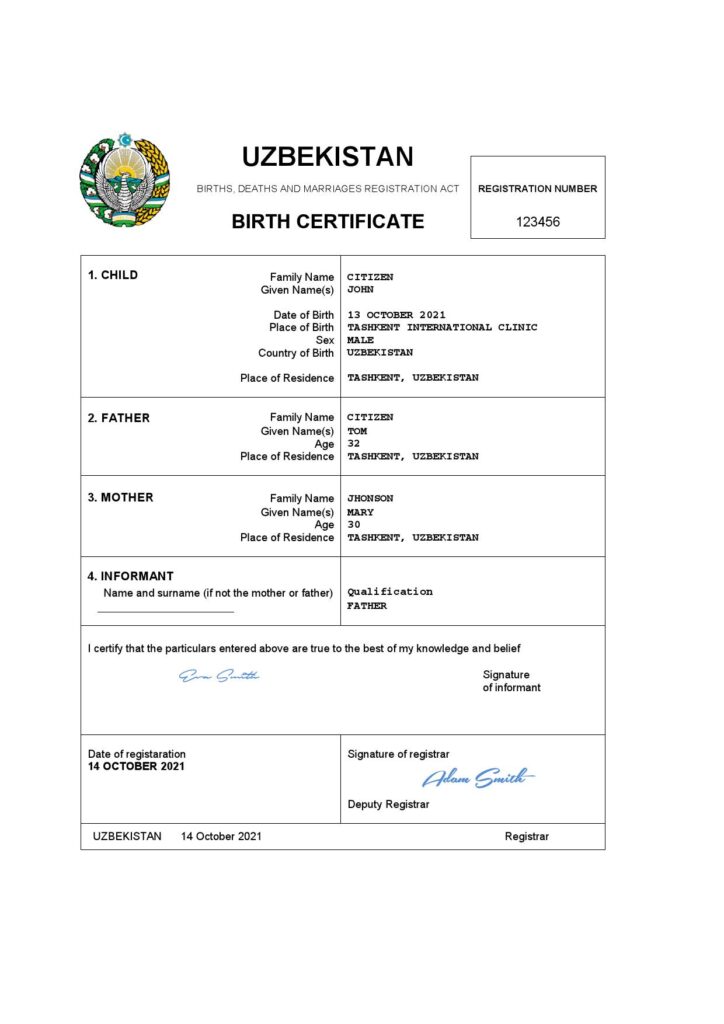 Uzbekistan vital record birth certificate Word and PDF template, completely editable