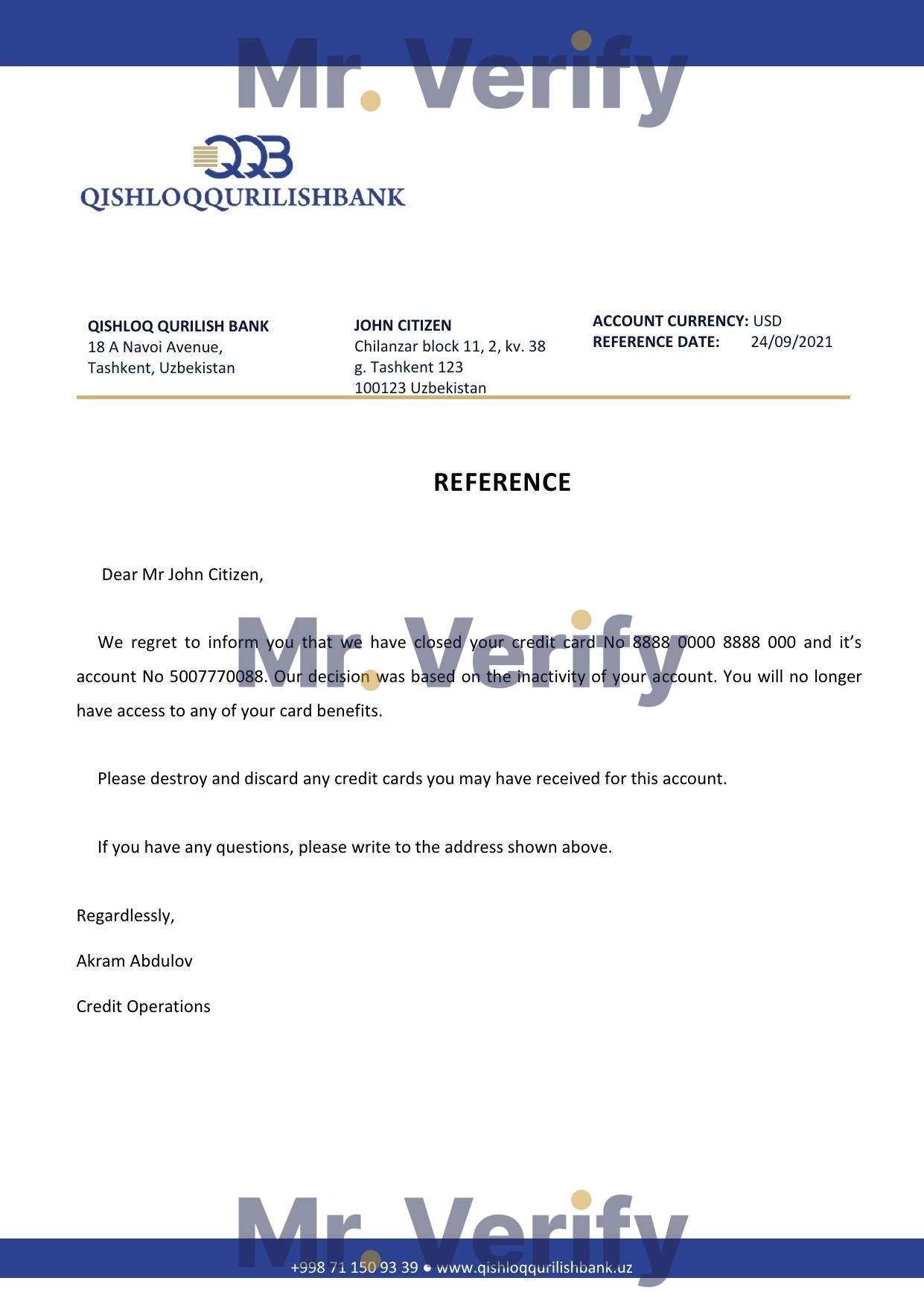Download Uzbekistan Qishloq Bank Reference Letter Templates | Editable Word