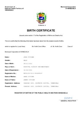 Venezuela vital record birth certificate Word and PDF template, completely editable