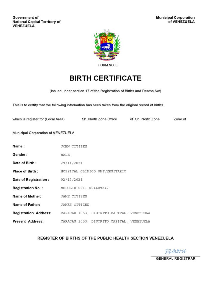 Venezuela vital record birth certificate Word and PDF template, completely editable