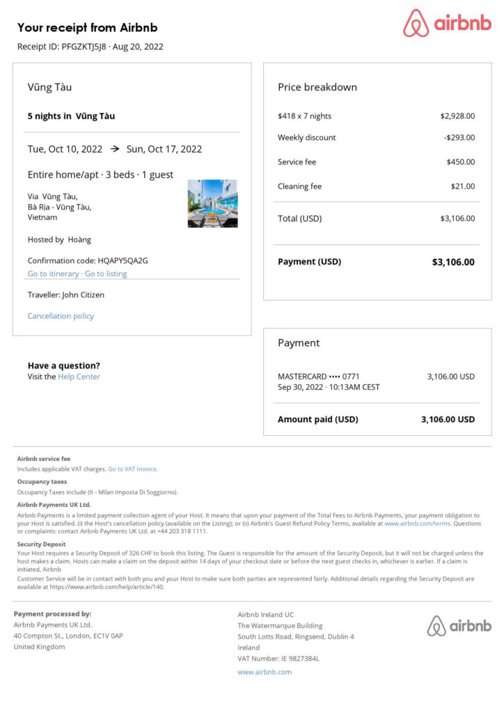 Customizable Vietnam Airbnb Reservation Template | Word & PDF Formats