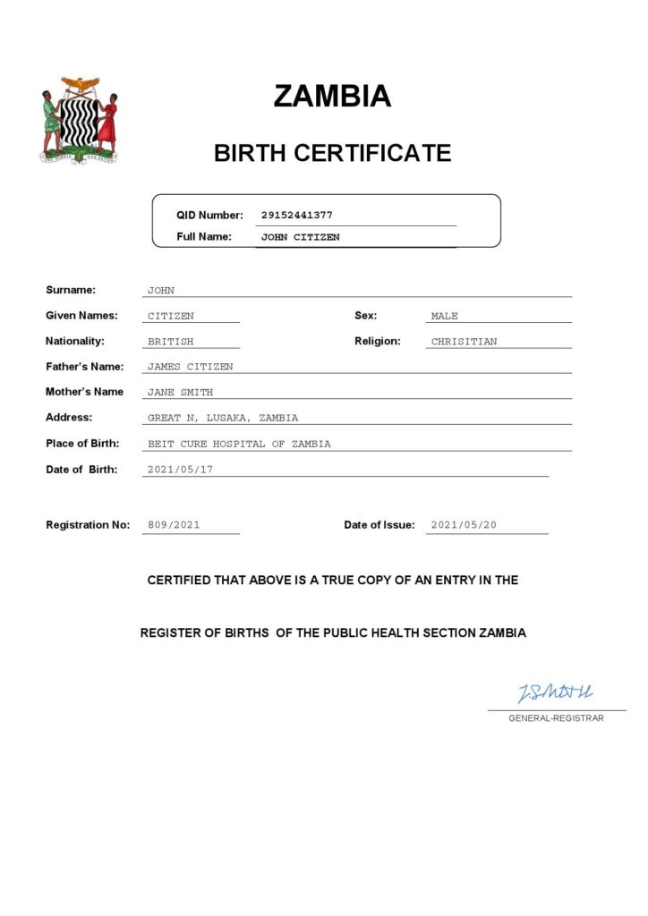 Zambia birth certificate Word and PDF template, completely editable
