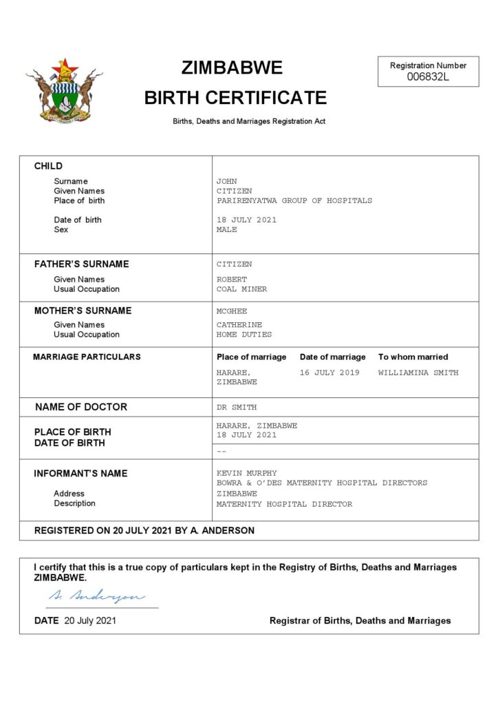 Zimbabwe vital record birth certificate Word and PDF template, completely editable