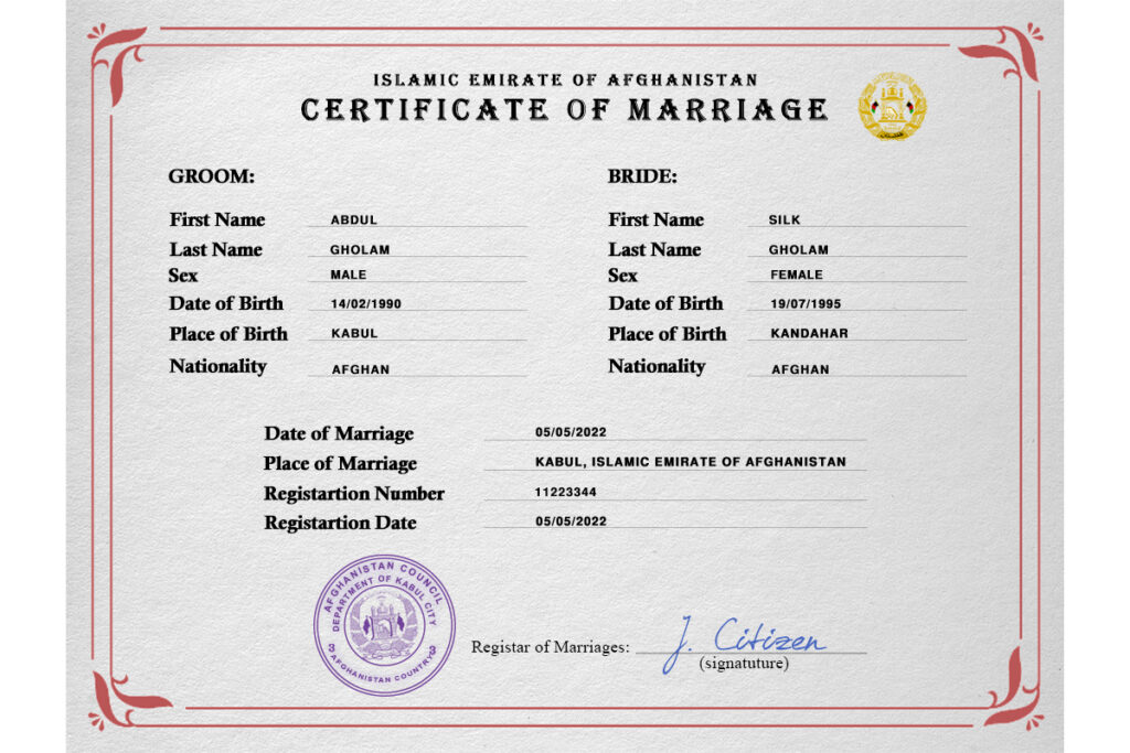 Afghanistan Marriage Certificate Editable PSD Templates