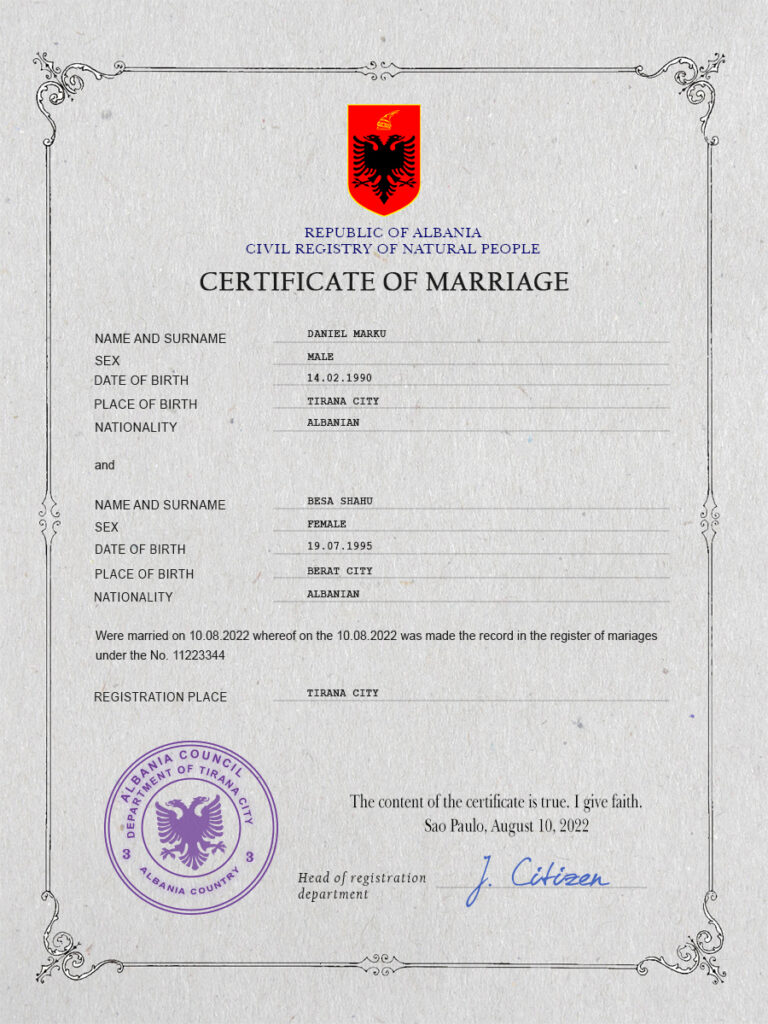 Albania Marriage Certificate | Editable PSD Templates