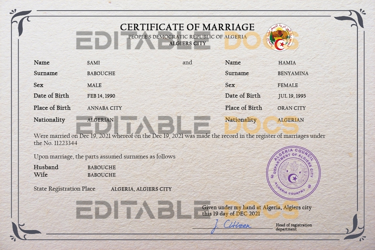 Algeria Marriage Certificate | Editable PSD Templates