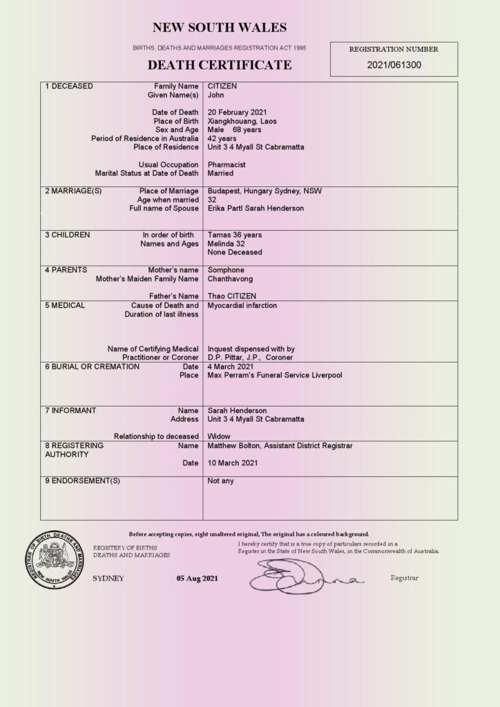 Australia New South Wales death certificate template in Word format