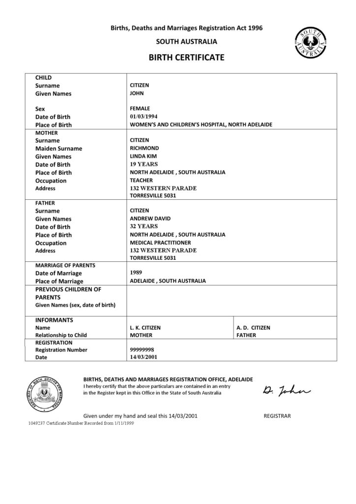 Australia Western Australia birth certificate template in Word format, version 3