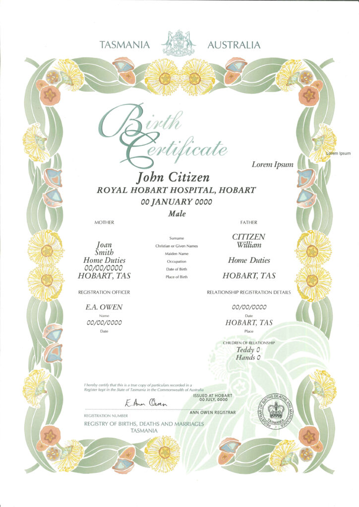 Australian South Australia decorative (commemorative) birth certificate template in PSD format, fully editable