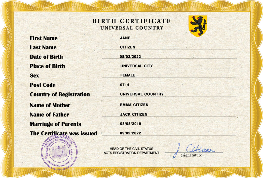Authentic birthverse universal Birth Certificate PSD Template