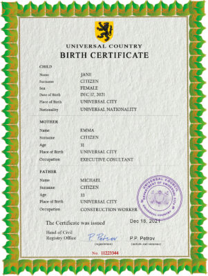 Authentic bold universsio universal Birth Certificate PSD Template | Customize and Download Online