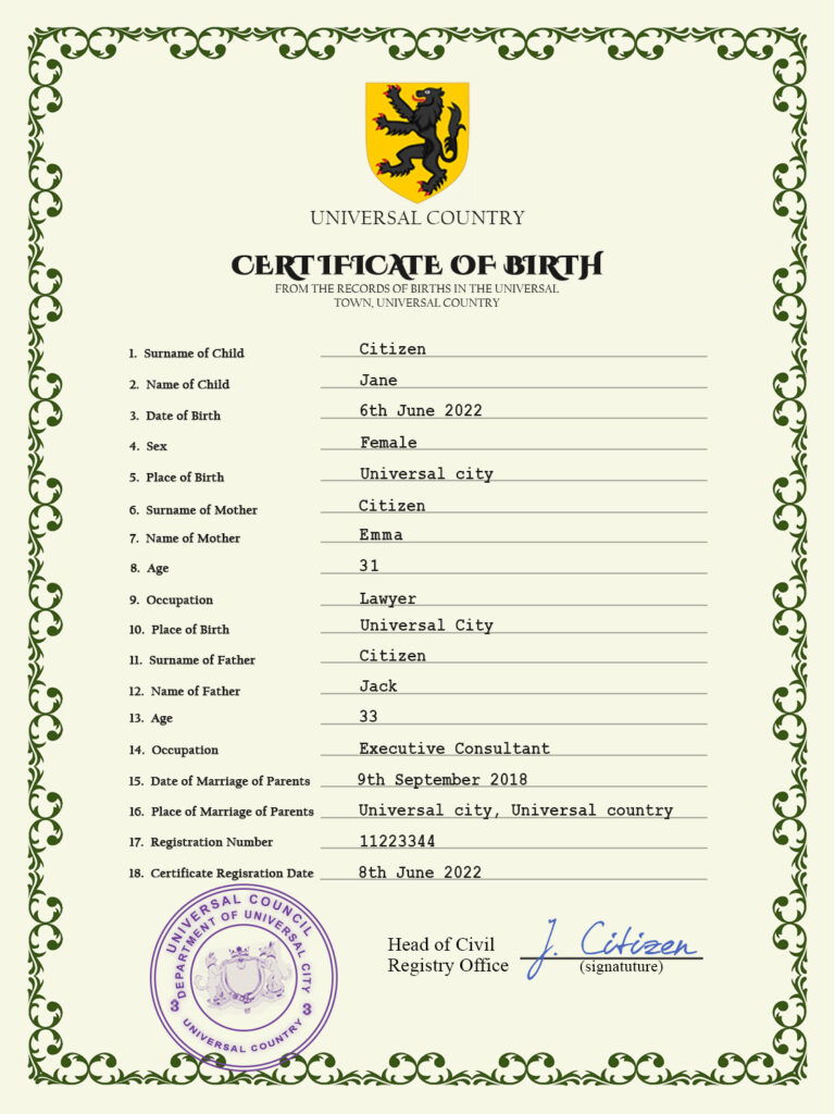 Authentic foster universal Birth Certificate PSD Template