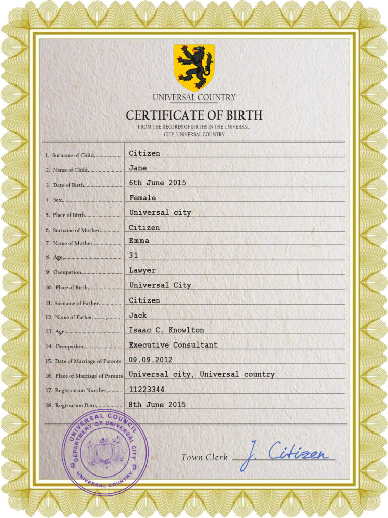 Authentic praise universal Birth Certificate PSD Template
