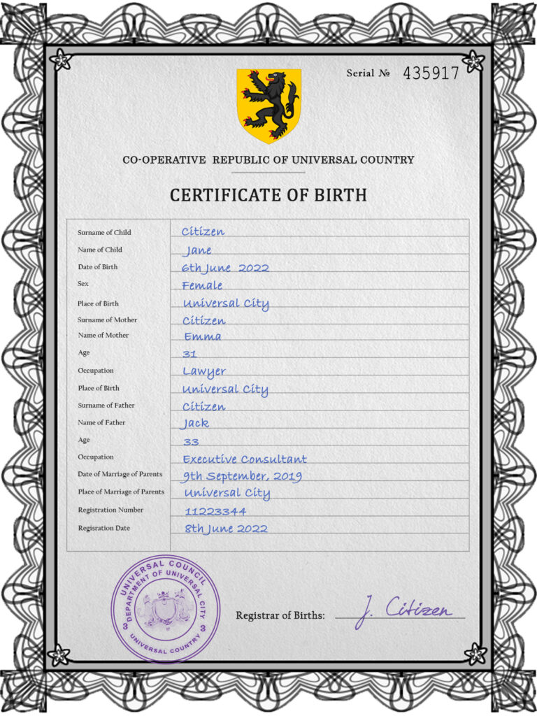 Authentic trident universal Birth Certificate PSD Template