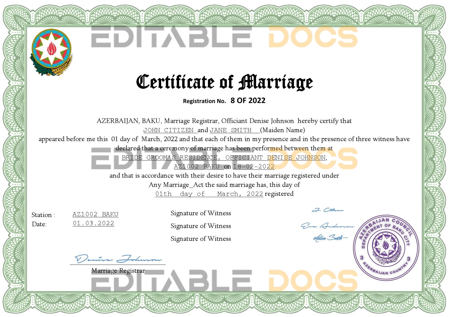 Azerbaijan Marriage Certificate | Editable PDF Templates
