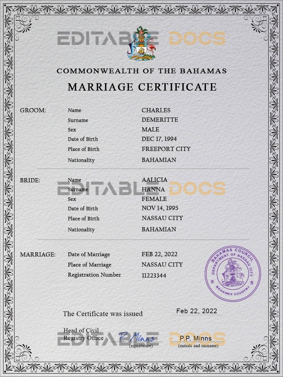 Bahamas Marriage Certificate | Editable PSD Templates