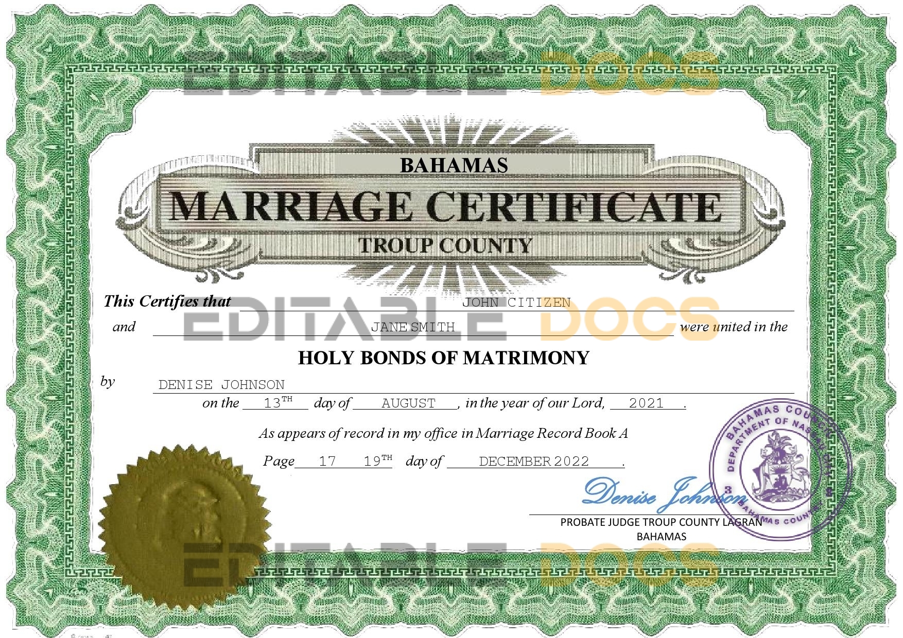 Bahamas Marriage Certificate | Editable PDF Templates