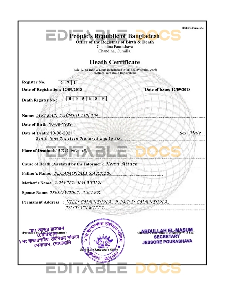 Bangladesh Death certificate template in PSD format, fully editable