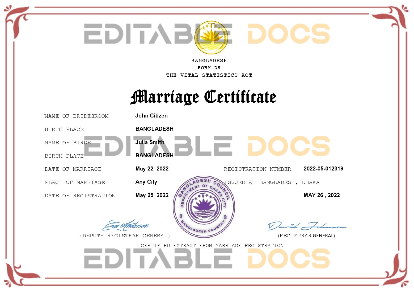 Bangladesh Marriage Certificate | Editable PDF Templates
