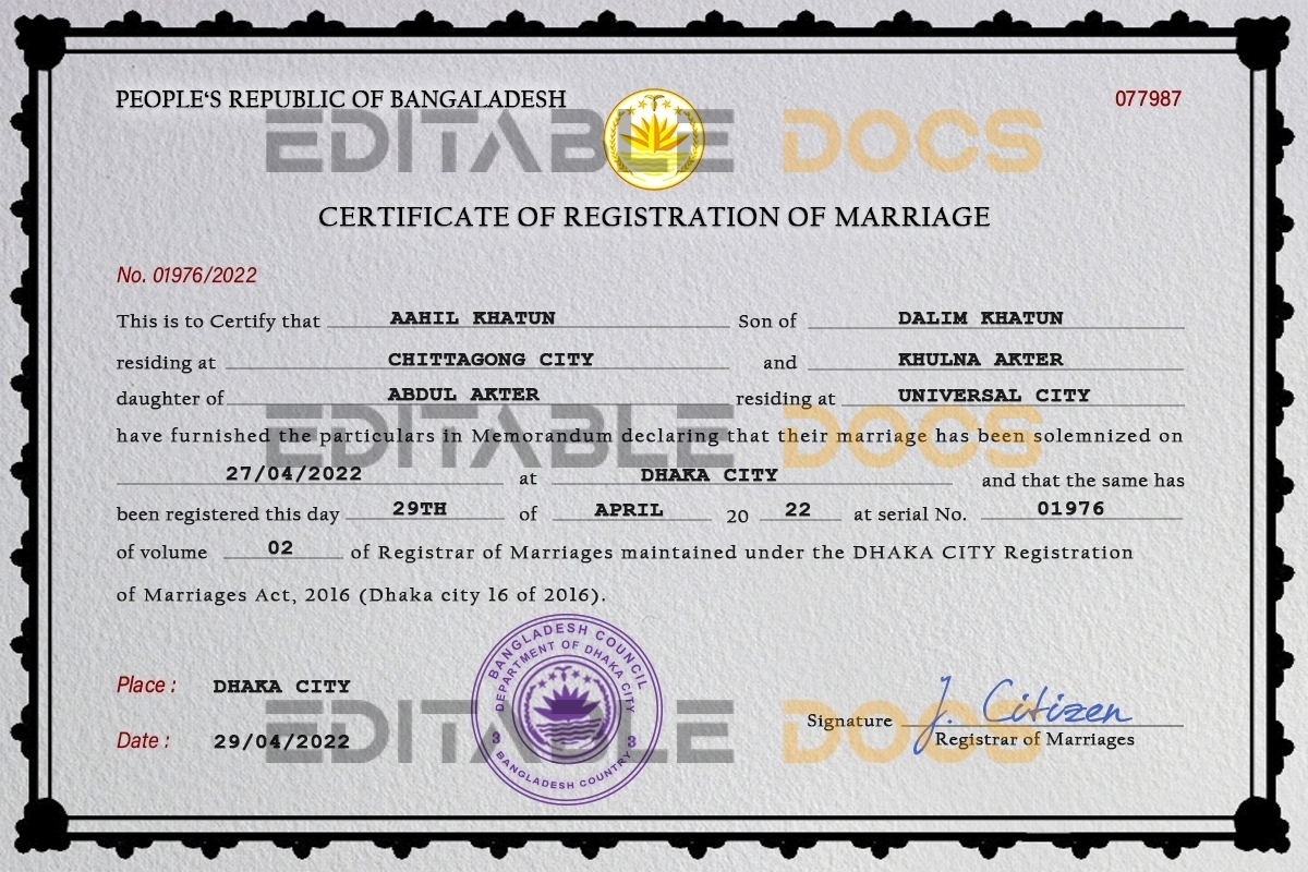 Bangladesh Marriage Certificate | Editable PSD Templates