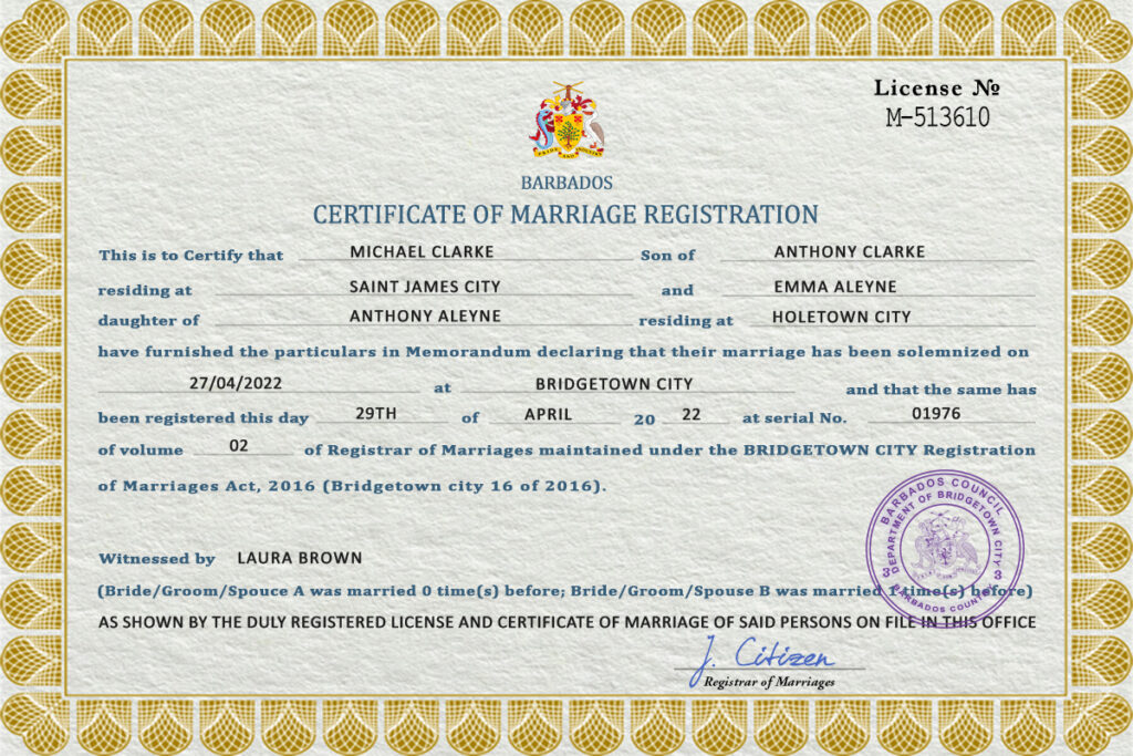 Barbados Marriage Certificate Editable PSD Templates