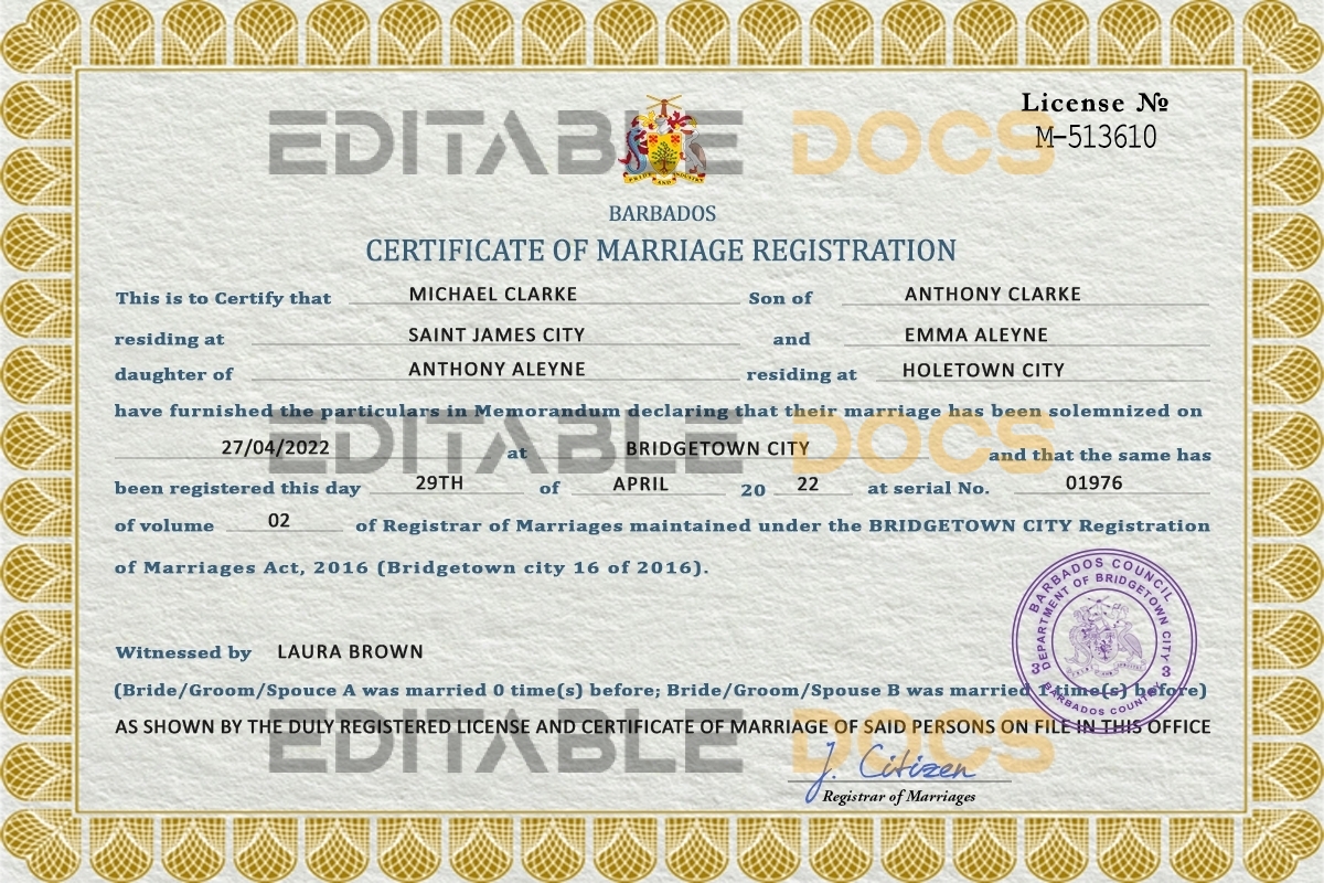 Barbados Marriage Certificate | Editable PSD Templates