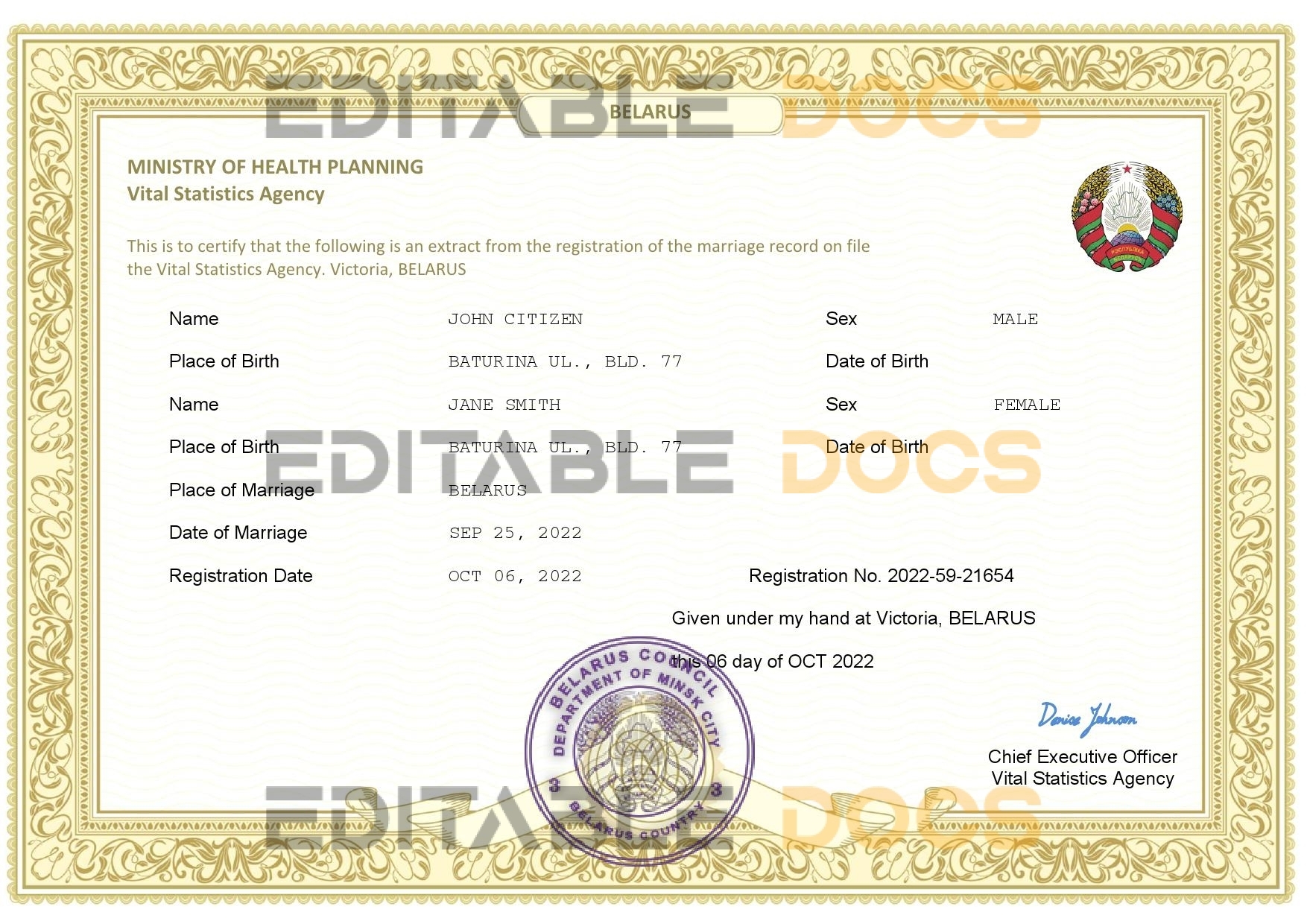 Belarus Marriage Certificate | Editable PDF Templates