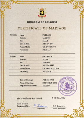 Belgium Marriage Certificate Editable PSD Templates