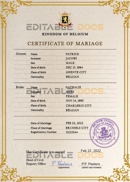 Belgium Marriage Certificate Editable PSD Templates