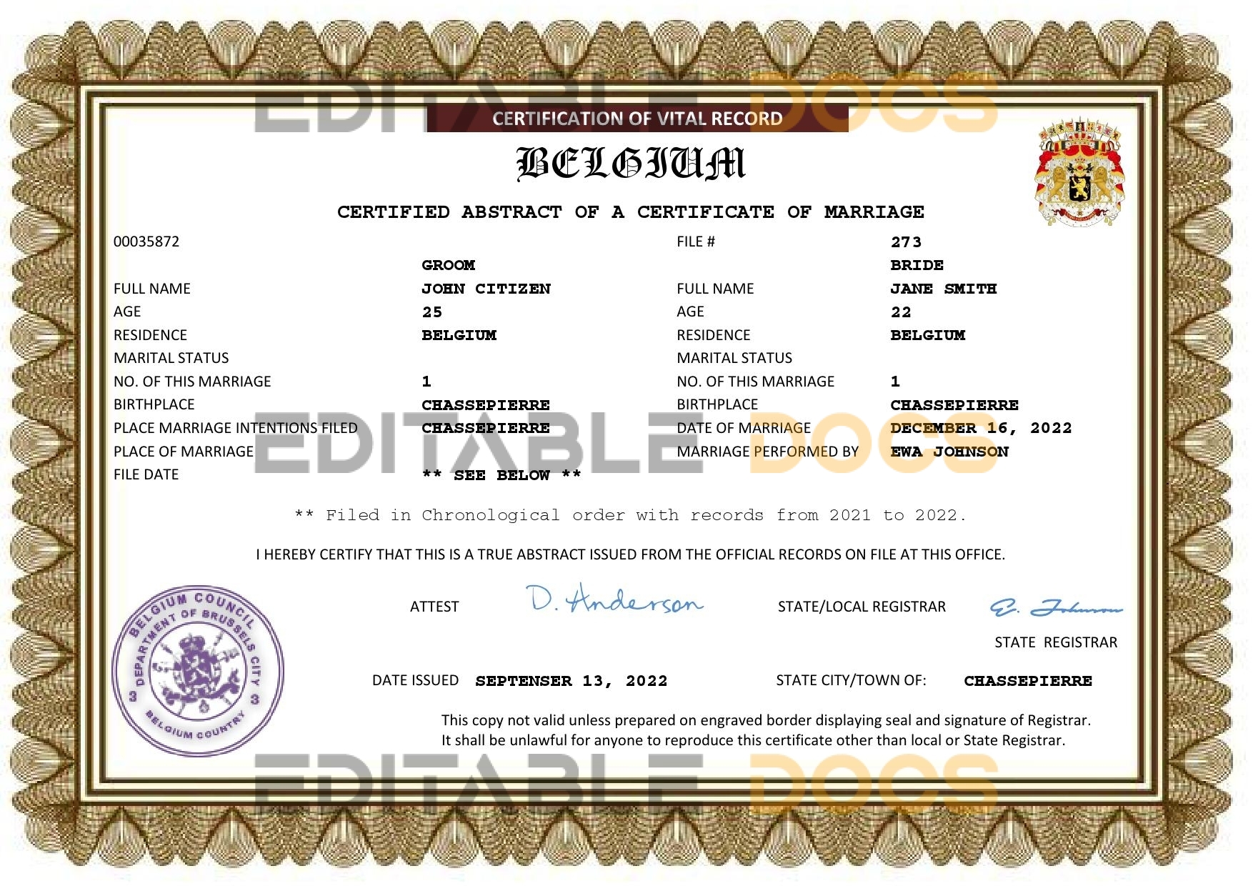 Belgium Marriage Certificate | Editable PDF Templates