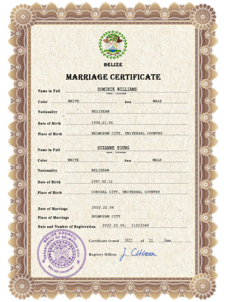 Belize Marriage Certificate Editable PSD Templates