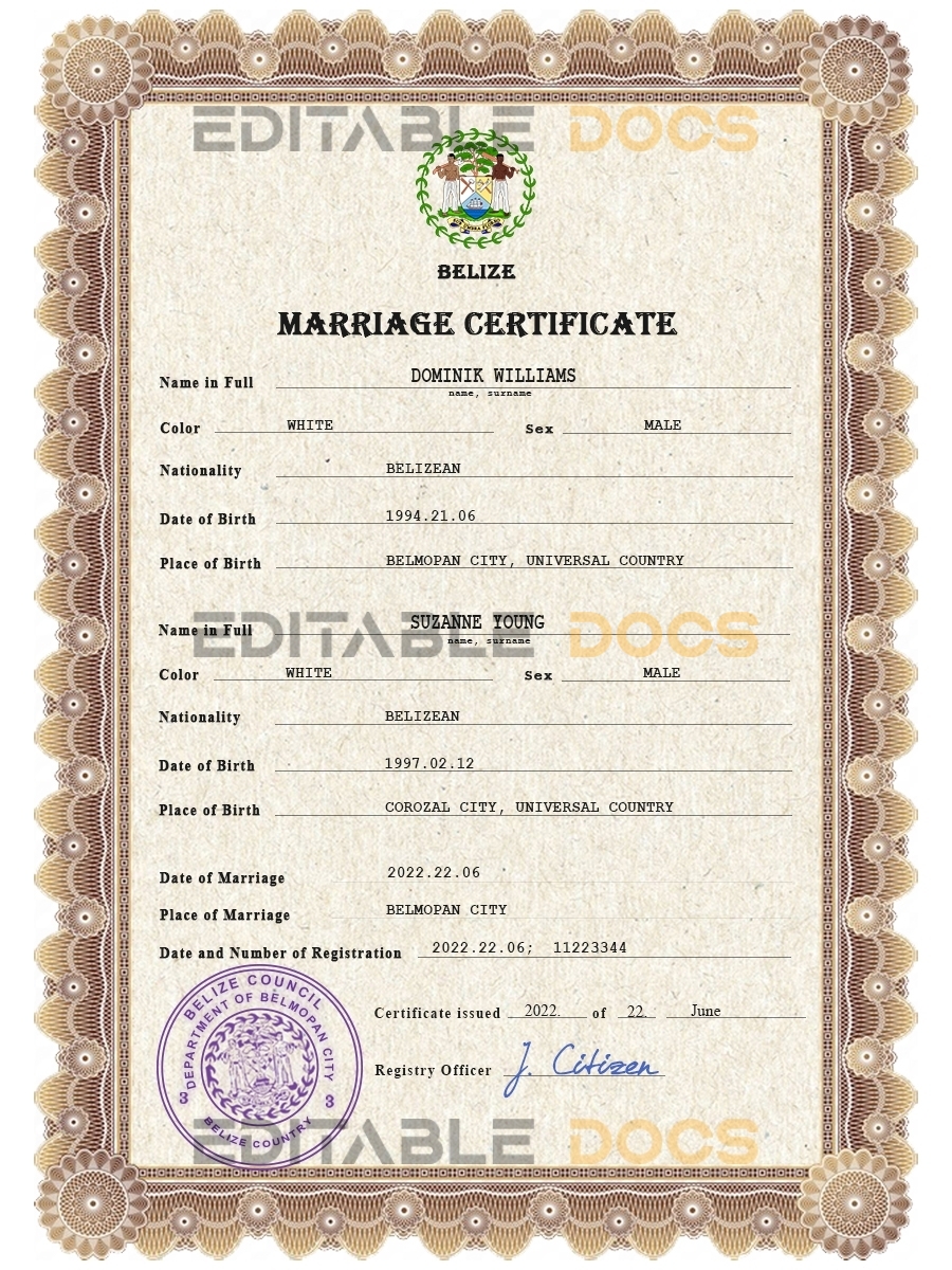 Belize Marriage Certificate | Editable PSD Templates