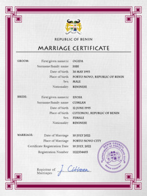 Benin Marriage Certificate Editable PSD Templates