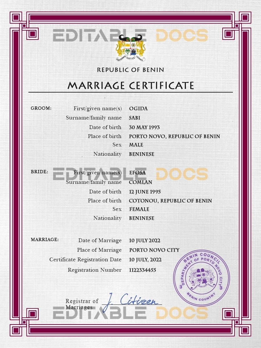 Benin Marriage Certificate | Editable PSD Templates