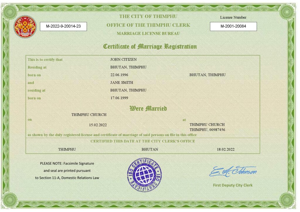 Bhutan Marriage Certificate Editable PDF Templates