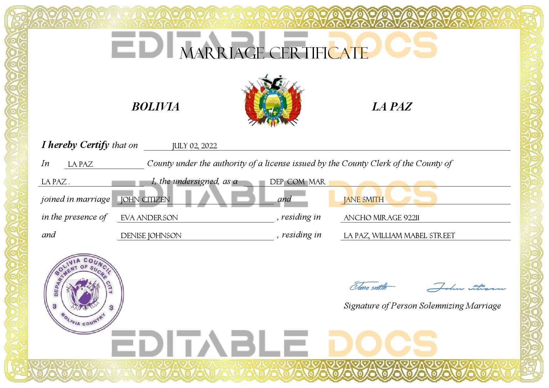Bolivia Marriage Certificate | Editable PDF Templates