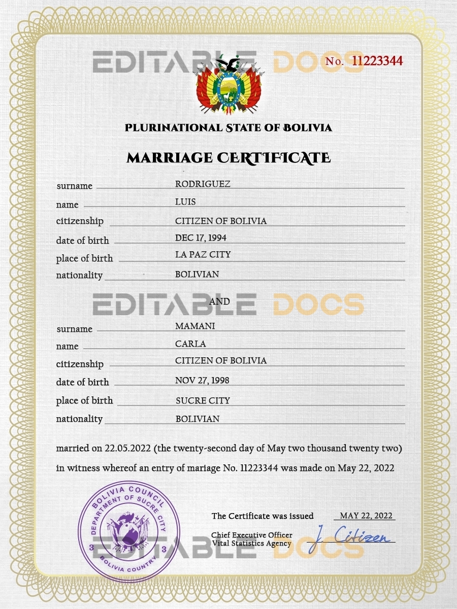 Bolivia Marriage Certificate | Editable PSD Templates