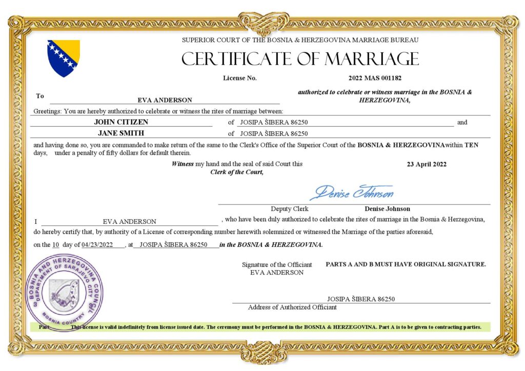 Bosnia Herzegovina Marriage Certificate Editable PDF Templates